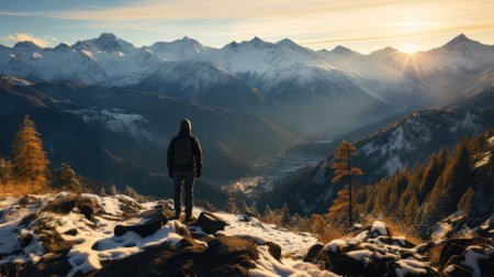 Hiker standing on top of a mountain and enjoying the view at sunset.の素材