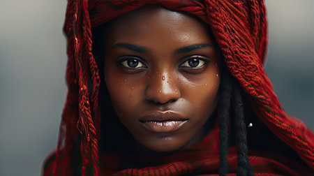Portrait of a beautiful african woman in a red scarf.の素材