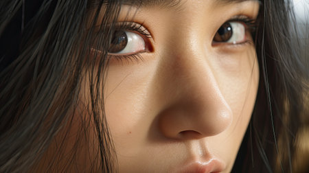 Close up of a beautiful young Asian woman looking at camera.の素材