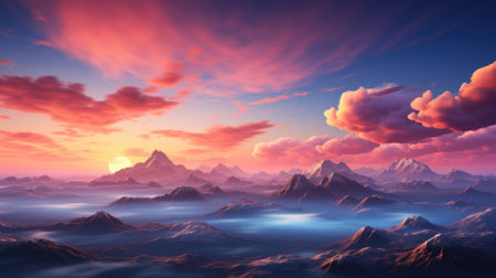 Fantasy alien planet. Mountain and clouds. 3D illustration.の素材