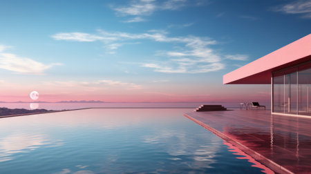 Swimming pool of a luxury villa at sunset. 3d renderingの素材