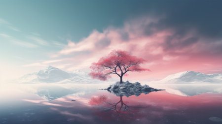 Red tree on the lake at sunset, 3D render illustration.の素材