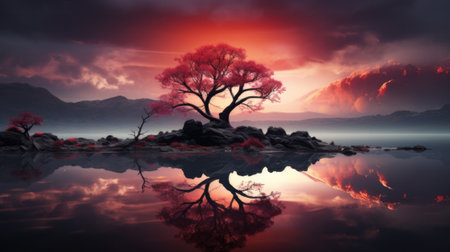 Beautiful landscape with red tree and reflection in water, 3D renderの素材