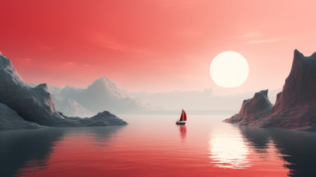Sailing boat on the sea, 3D render. Save sunsetの素材