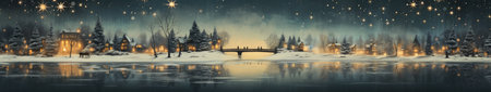 Winter landscape with snow covered trees and lake. Panoramic banner Christmas bannerの素材