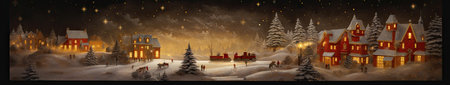 Christmas and New Year greeting card. Winter village at night with snow and stars. Christmas bannerの素材