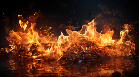 Fire flames with reflection on water, closeup. Abstract background.の素材