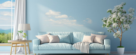 interior with blue sofa. 3d illustration.  Horizontalの素材