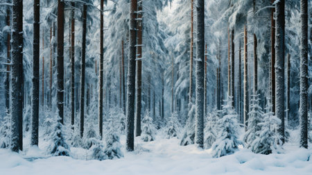 Winter forest with snow covered trees. Beautiful winter panoramic background.の素材
