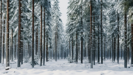 Snowy winter forest panorama. Pine trees in the snow.の素材