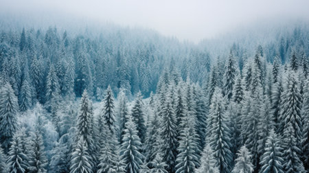 Foggy winter landscape with coniferous forest covered with snowの素材