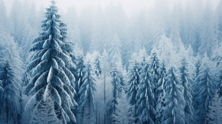 Frozen winter forest with snow covered trees. Beautiful nature background.の素材