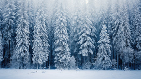 Beautiful winter landscape with snow covered trees and fog in the forestの素材