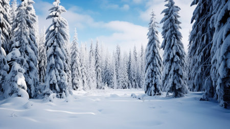 Beautiful winter landscape with snowy fir trees. Panoramic viewの素材