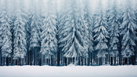 Frozen winter forest with snow covered trees, panoramic viewの素材
