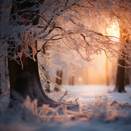 Beautiful winter landscape with trees covered with hoarfrost at sunsetの素材