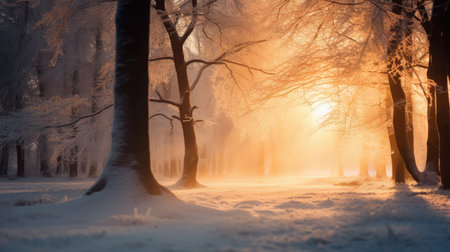 Winter forest at sunset. Trees covered with snow. Beautiful winter landscapeの素材