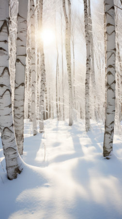 Sunset or sunrise in a birch grove in winter.の素材