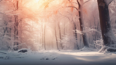 Winter forest. Winter landscape with snow covered trees and sun rays.の素材