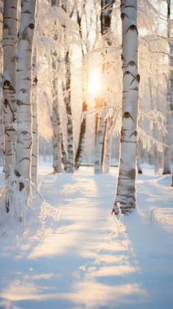 Sunset or sunrise in a winter birch grove covered with snow.の素材