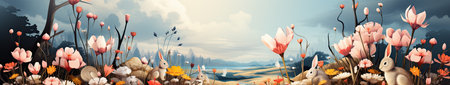 Spring landscape with flowers and birds. Panorama. Vector illustration. Bannerの素材