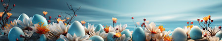 Easter background with eggs and spring flowers - 3d render illustration. Bannerの素材