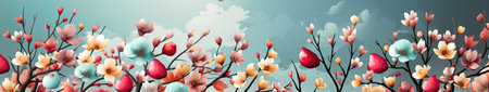 Easter banner with sakura flowers and eggs. Vector illustration. Bannerの素材