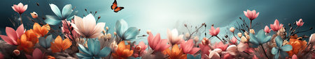 Beautiful floral background with colorful flowers and butterflies. Vector illustration. Bannerの素材