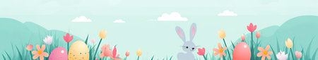 Easter banner with bunny, eggs and flowers. Vector illustration.の素材