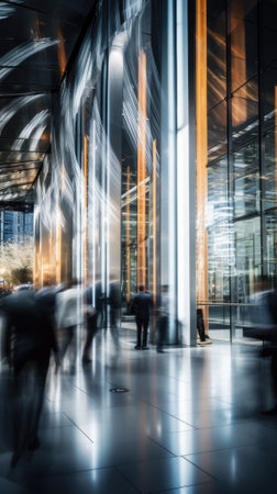Business people in the lobby of a modern office building, motion blurの素材