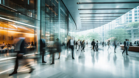 Blurred image of business people walking in modern office building, motion blurの素材