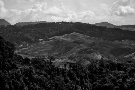 Black and white photo of the landscape in the north of Thailand.の写真素材