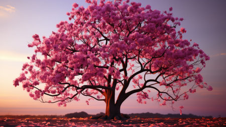 Beautiful pink flowers on the tree at sunset. Nature background.の素材