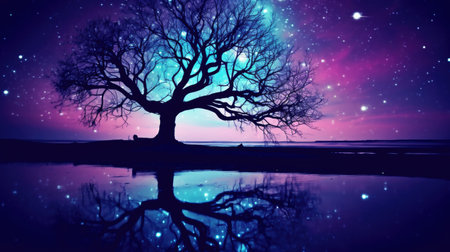 Night landscape with a big tree and reflection in water. Vector illustration.の素材