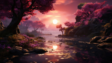 Fantasy landscape with lake and sunset. 3d rendering illustration.の素材