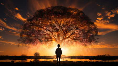 Silhouette of a man standing in front of a big treeの素材