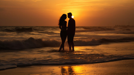 Silhouette of a young couple on the beach at sunset.の素材