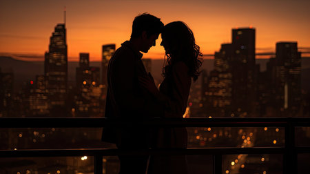Silhouette of a loving couple on a balcony overlooking the cityの素材