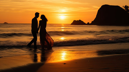 Silhouette of a couple at sunset on the beach. Love and happiness concept.の素材
