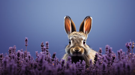 Rabbit with lavender flowers on purple background. easter illustration.の素材