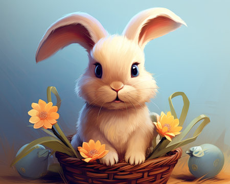 Easter bunny with flowers in a basket on a blue background.の素材
