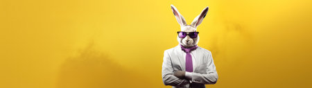 Easter bunny with purple tie and sunglasses on yellow background. Banner.の素材