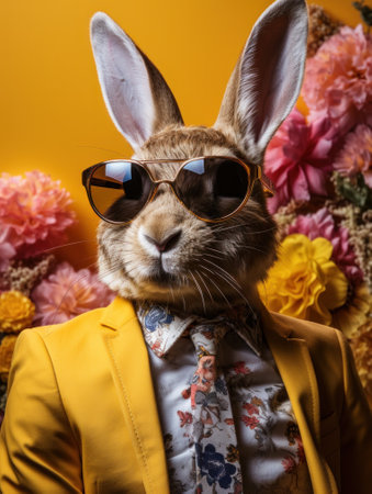 Easter bunny wearing sunglasses and coat on yellow background with flowers.の素材
