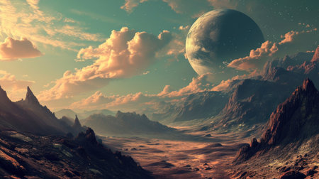 Fantasy alien planet. Mountain. Mesmerizing Desktop Wallpaper: Surreal Landscape Illustrating Futuristic Vision!の素材