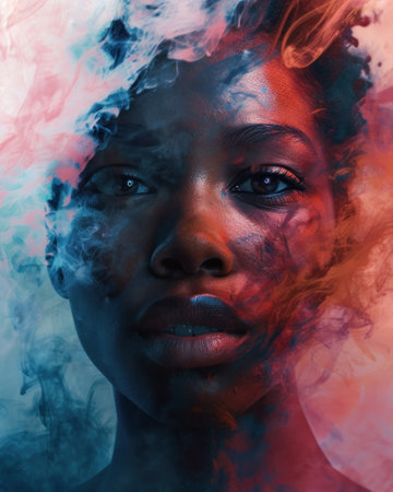 Portrait of a beautiful African American woman with smoke on her faceの素材