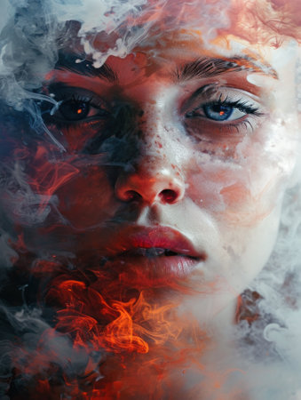 Close-up portrait of a beautiful girl with blood and smoke on her faceの素材