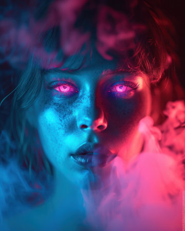Portrait of a beautiful girl with blue and pink smoke on her face. Colored smoke art pieceの素材