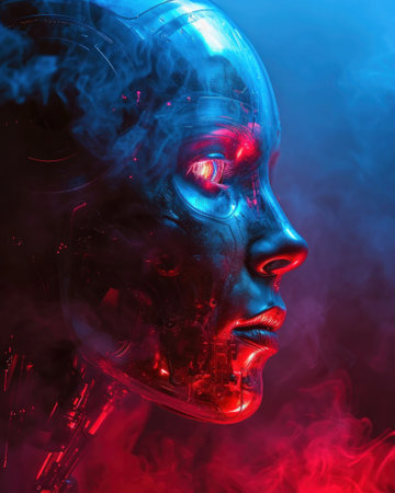 Cyborg face with red smoke on dark background. 3D rendering. Colored smoke art pieceの素材