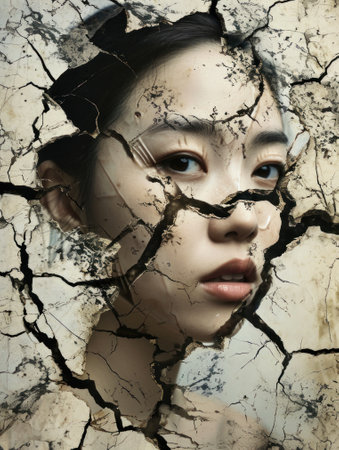 Portrait of beautiful asian woman looking through hole in cracked wall. Surrealistic cracked art pieceの素材