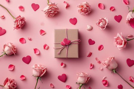 Valentine's day background with gift box and rose flowers on pink backgroundの素材